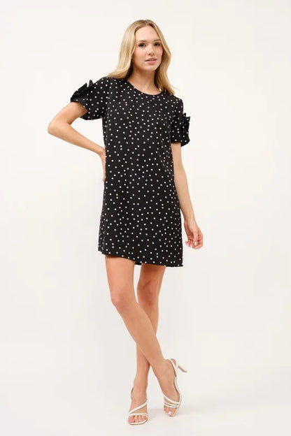 Embellished Sleeve Polka Dots Shift Dress in Black - product view 8