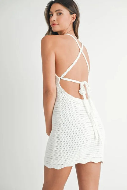 Crochet Crisscross Spaghetti Strap Mini Dress in Off White - product view 3