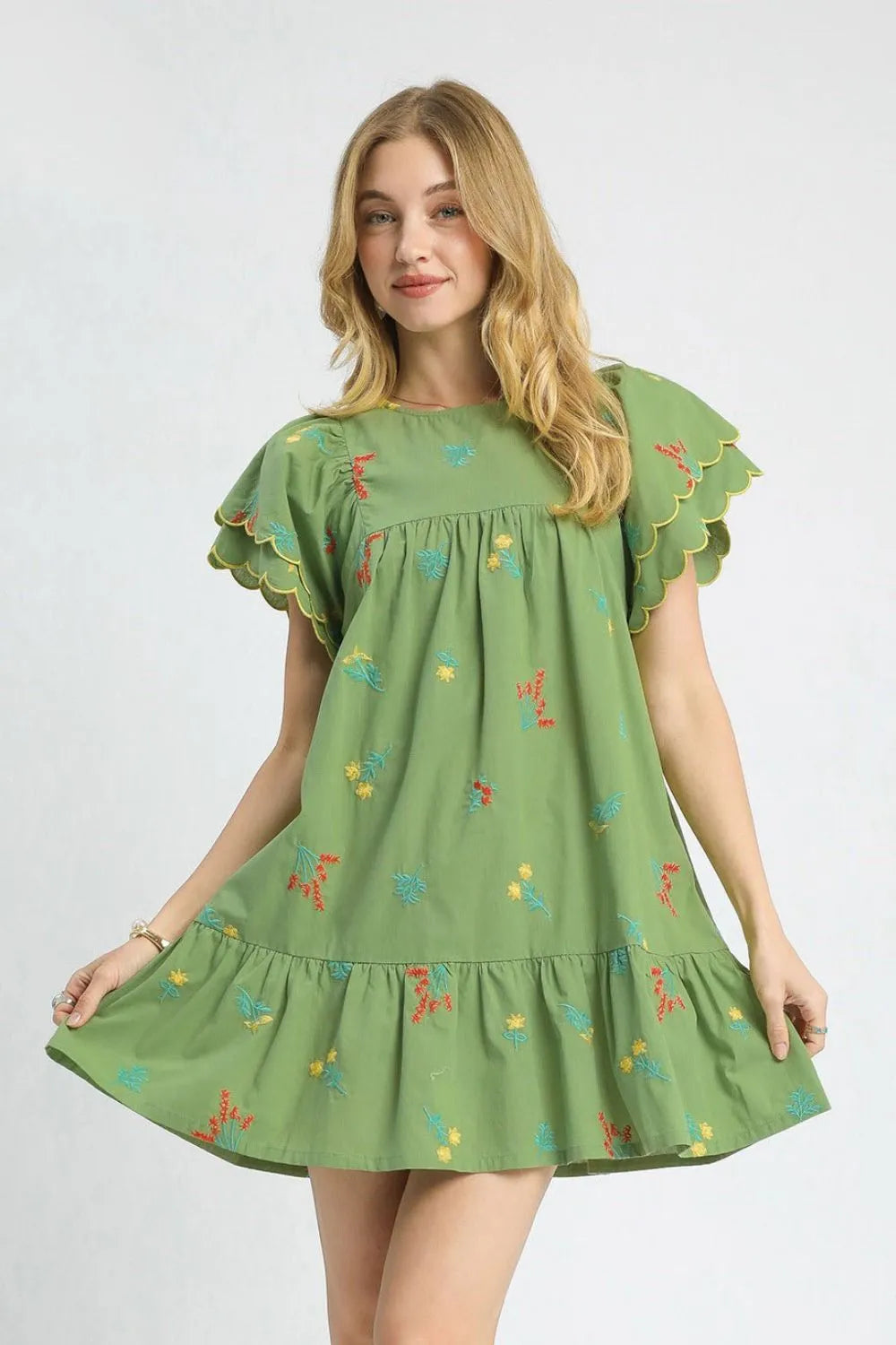 Floral Embroidered Short Sleeve Mini Dress - Matcha Green - product view 1