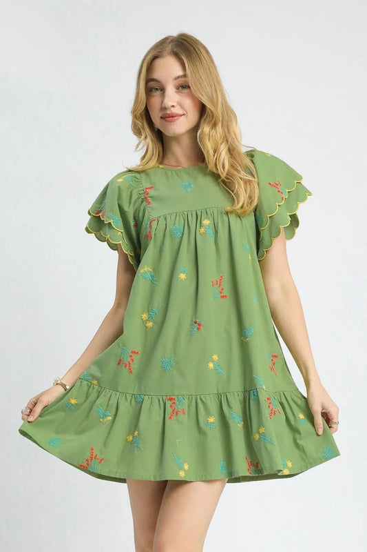Floral Embroidered Short Sleeve Mini Dress - Matcha Green - product view 1