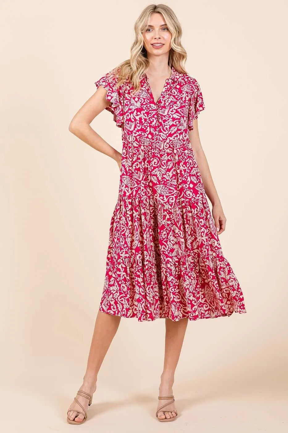 Abstract Print Ruffle Tier Midi Dress - Fuchsia - product view 2