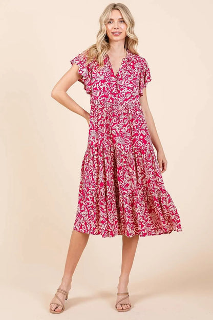 Abstract Print Ruffle Tier Midi Dress - Fuchsia - product view 2