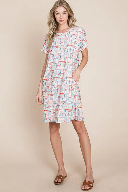 Printed Round Neck Short Sleeve Tee Dress in Red - product view 5