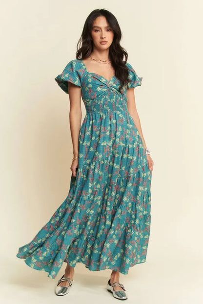 Lightweight Sweetheart Neck Textured Tiered Maxi Dress in Teal Green - product view 2