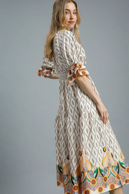 Printed Smocked Waist Flounce Sleeve Midi Dress - Ivory - product view 3