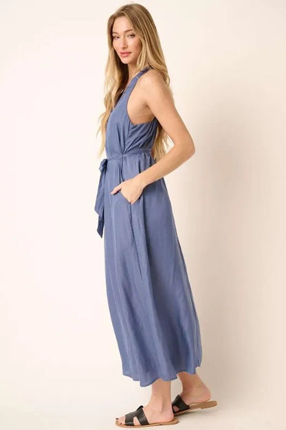 Cross Back Belted V Neck Tank Maxi Dress in Dusty Blue - product view 3