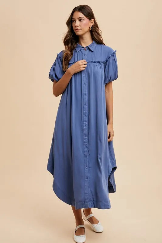 Mineral Washed Button Down Puff Sleeve Shirt Dress - Peacock Blue - product view 4