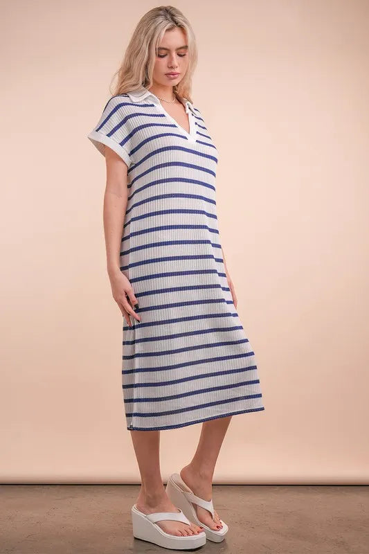 Oversized Collared Striped Knit Midi Dress in White/Navy - product view 6