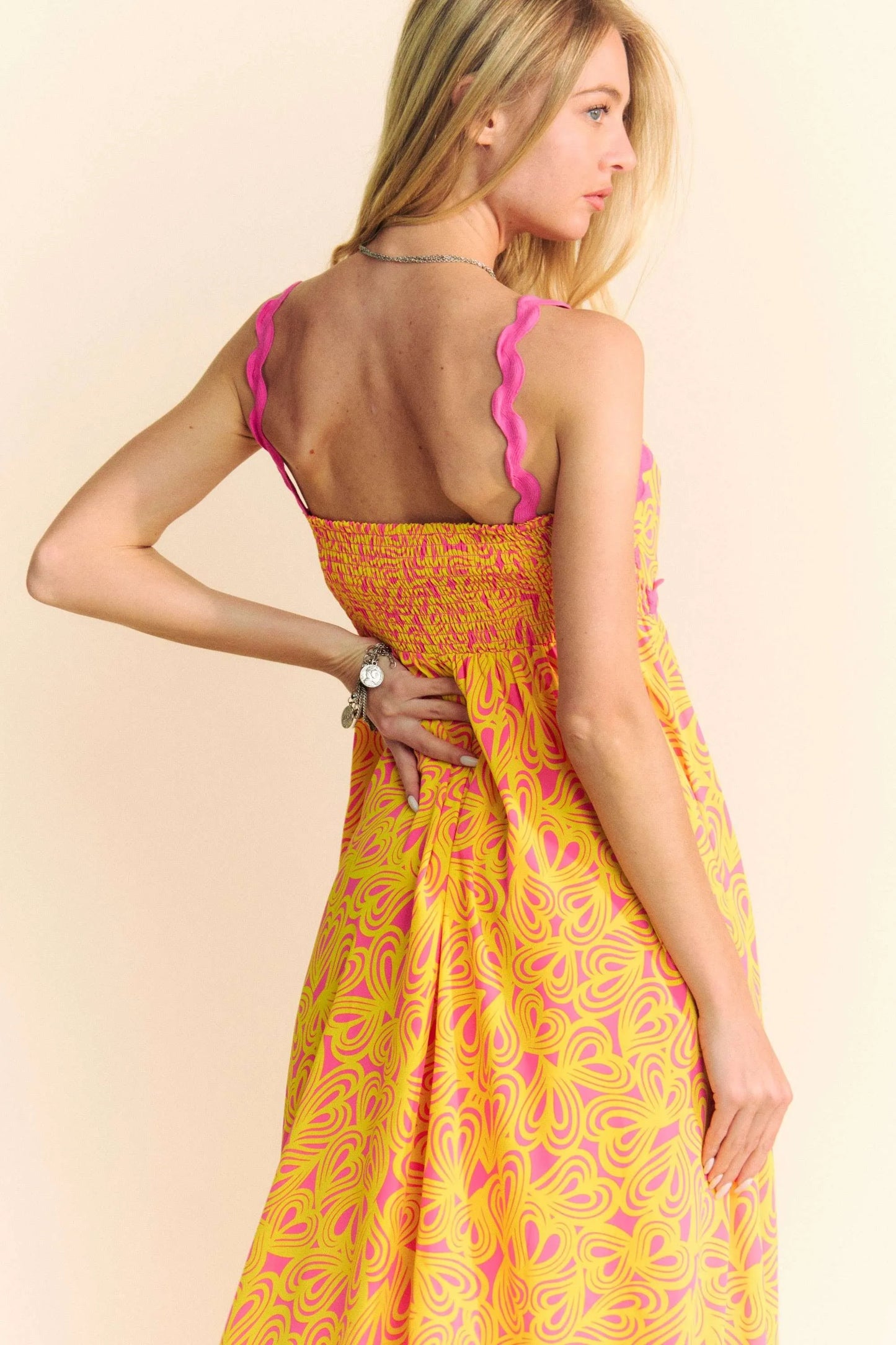 Geo 2 Tone Printed Wavi Trim Tiered Maxi Dress - Pink - product view 4