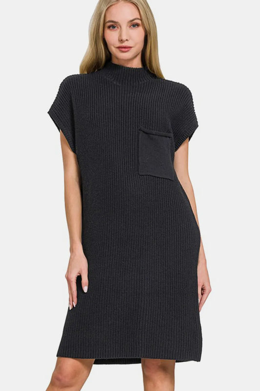 Mock Neck Short Sleeve Sweater Dress - Black - product view 1