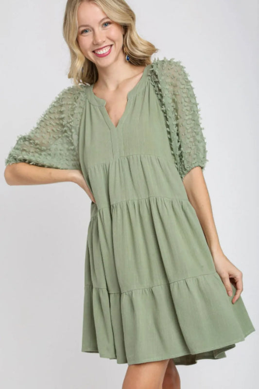 Full Size Linen Tiered A-Line Split Neck Dress Plus Size in Sage - product view 1