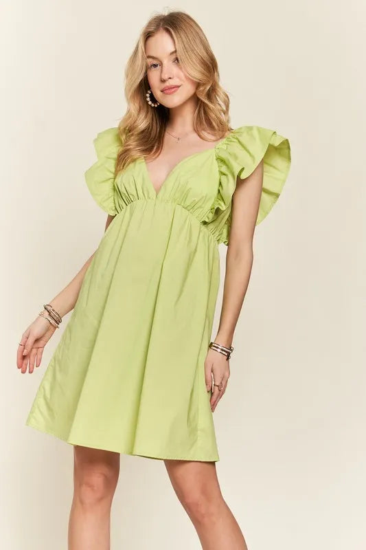 Smocked Back Ruffled Cap Sleeve Babydoll Dress in Lime - product view 5