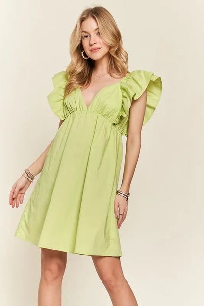 Smocked Back Ruffled Cap Sleeve Babydoll Dress in Lime - product view 5