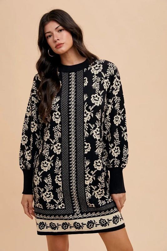 Floral Jacquard Round Neck Sweater Dress in Black/Oatmeal - product view 1