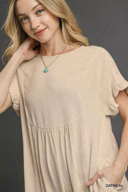 Linen Ruffle Hem Babydoll Dress in Oatmeal - product view 6