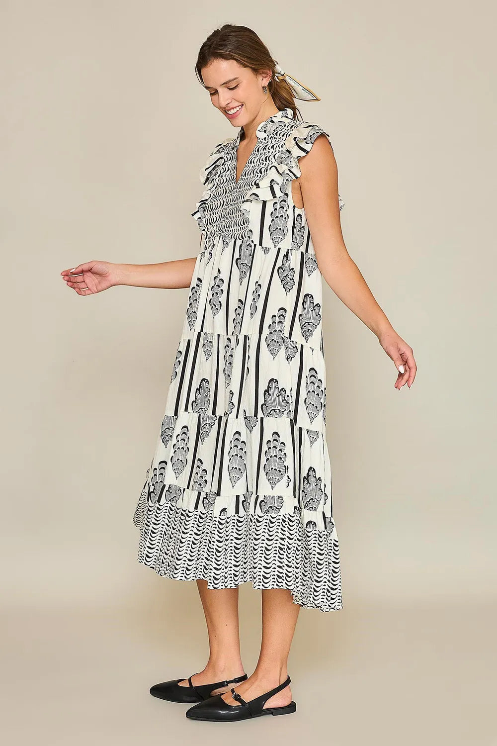 Full Size Boarder Print Midi Dress Plus Size in Cream/Black - product view 2