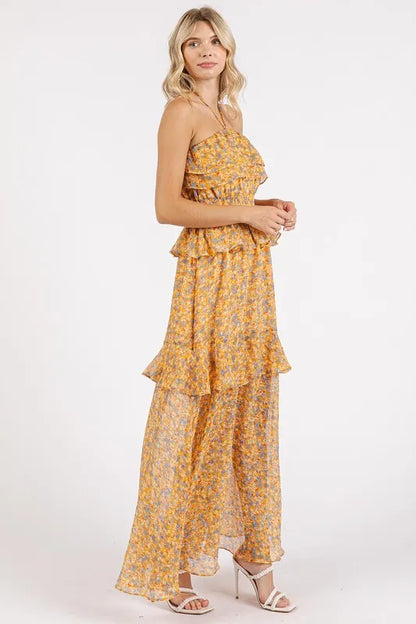 Ruffled Smocked Floral Halter Neck Maxi Dress - Tangerine - product view 4