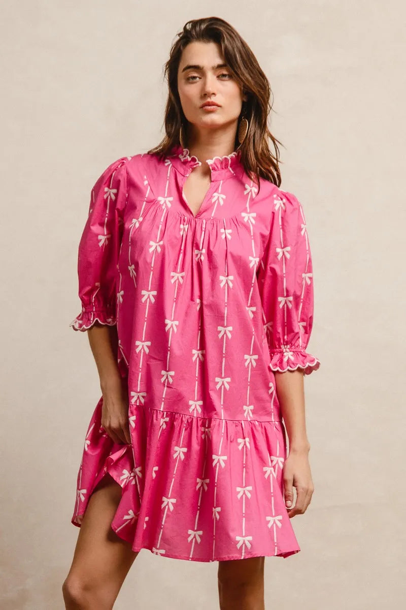 Ribbon Patterns With Scallops Edge Details Short Sleeve Dress in Fuchsia - product view 9