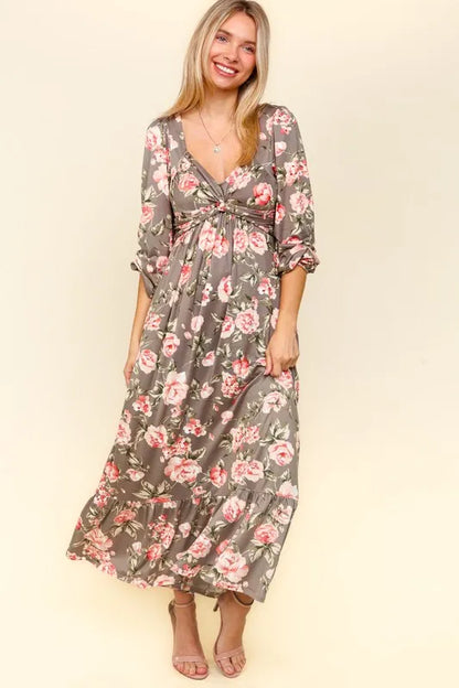 Twisted Detail Ruffled Hem Floral Dress with Side Pockets in Mauve Blush - product view 1