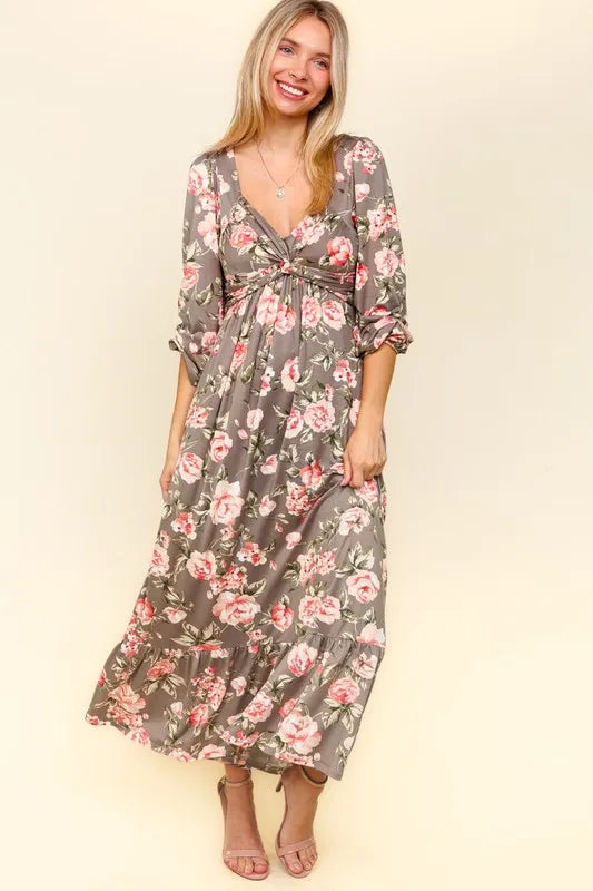 Twisted Detail Ruffled Hem Floral Dress with Side Pockets in Mauve Blush - product view 1