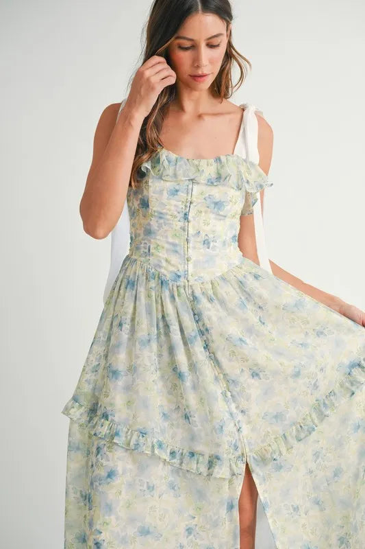 Floral Printed Shoulder Strap Midi Dress in Blue - product view 9