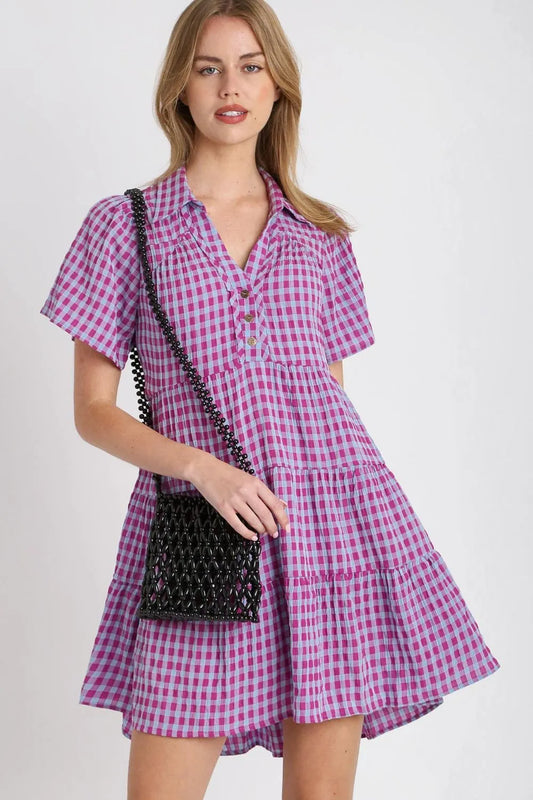 Full Size Gingham Tiered Button Detail Short Sleeve Dress Plus Size - Red-Violet - product view 1