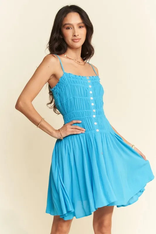 Smocking Bodice Sleeveless Button Down Mini Dress in Azure - product view 4