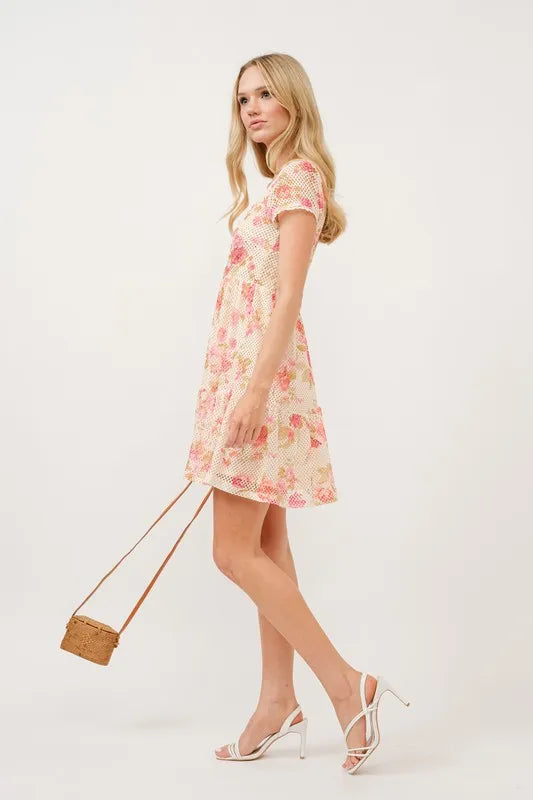 Square Neck Tiered Floral Fishnet Dress in Multi - product view 7