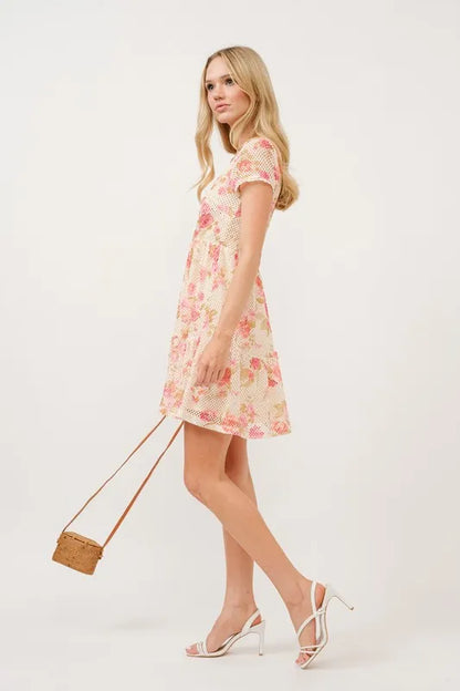 Square Neck Tiered Floral Fishnet Dress in Multi - product view 7