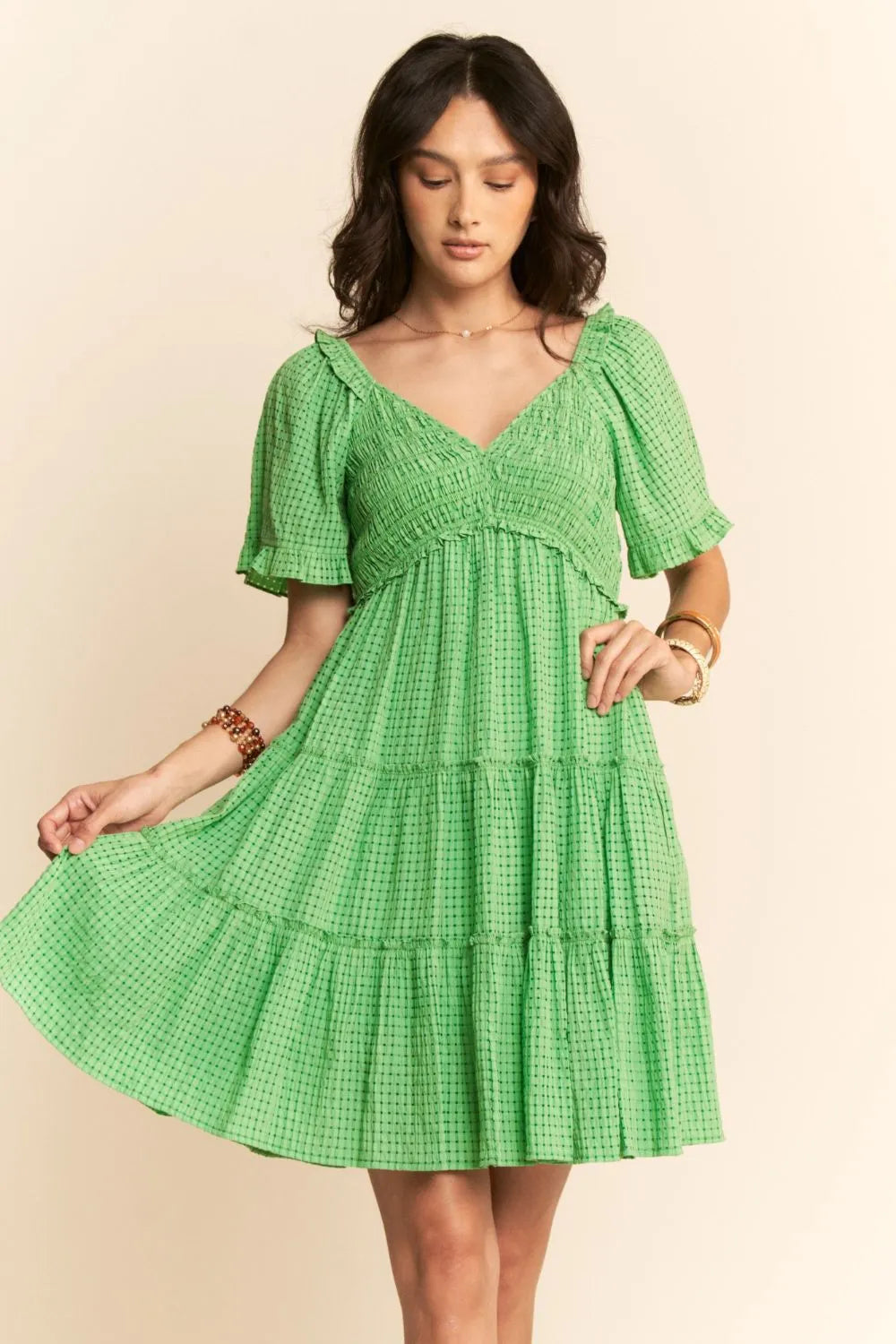 Jacquard Checker Smocking Tiered Dress - Ibiza Green - product view 2