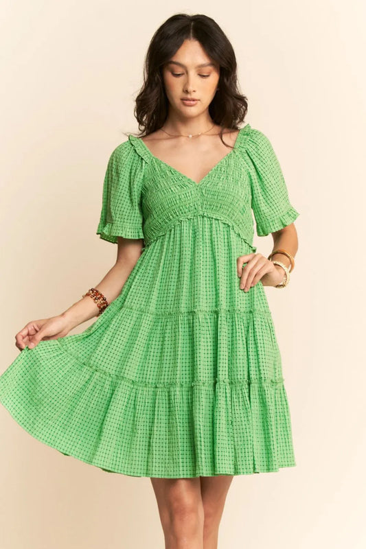 Jacquard Checker Smocking Tiered Dress - Ibiza Green - product view 2