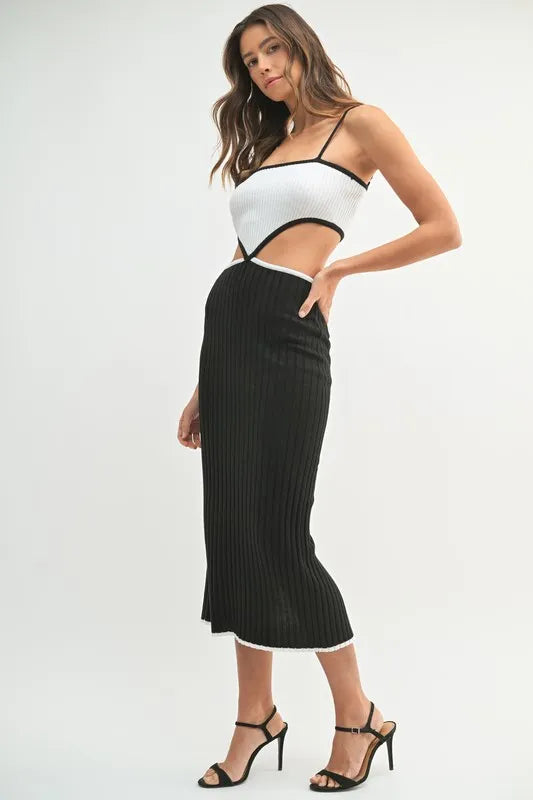 Ribbed Knit Color Block Cutout Midi Dress - Black - product view 6