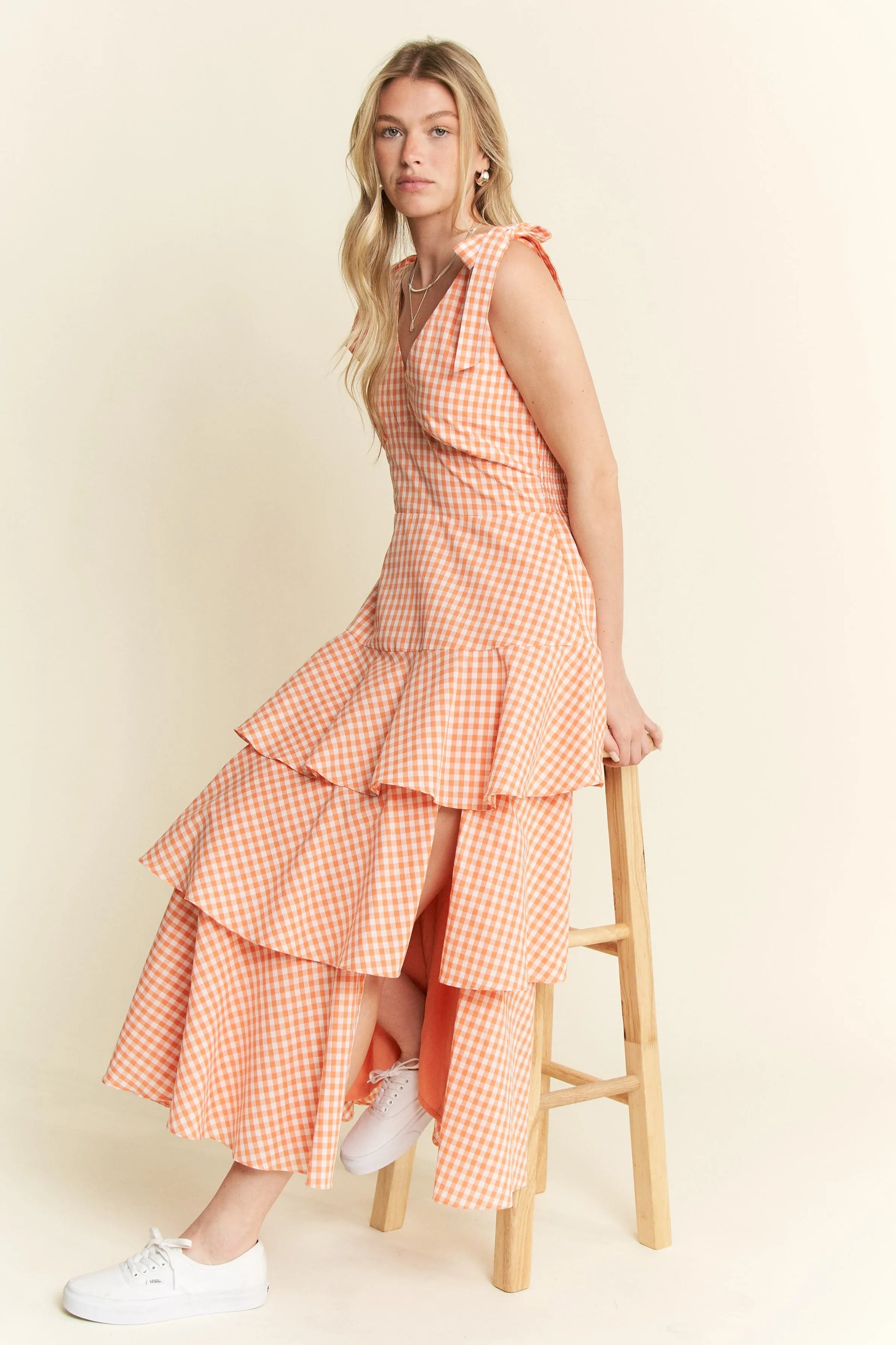 Sleeveless Gingham Print Tiered Midi Dress in Orange - product view 7