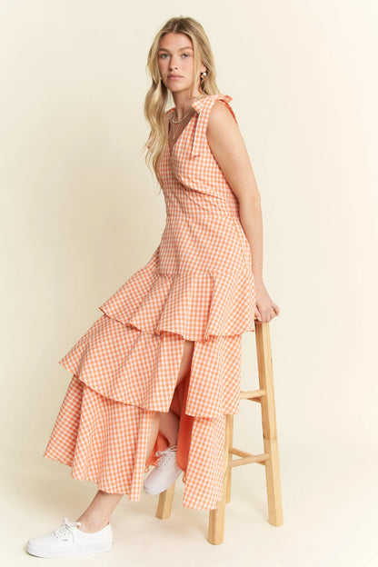 Sleeveless Gingham Print Tiered Midi Dress in Orange - product view 7
