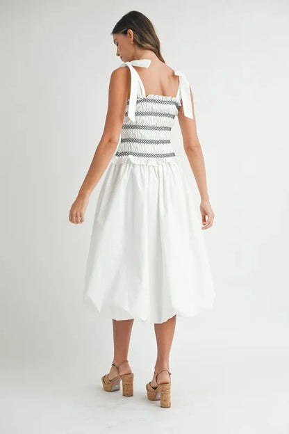 Smocked Bodice Bubble Midi Dress in Off White - product view 9