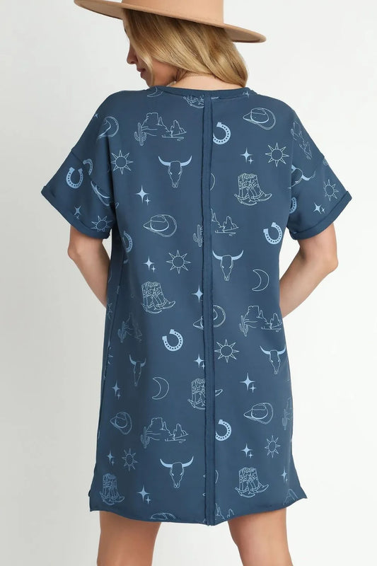 Full Size French Terry Short Sleeve Round Neck Dress Plus Size - Peacock Blue - product view 2