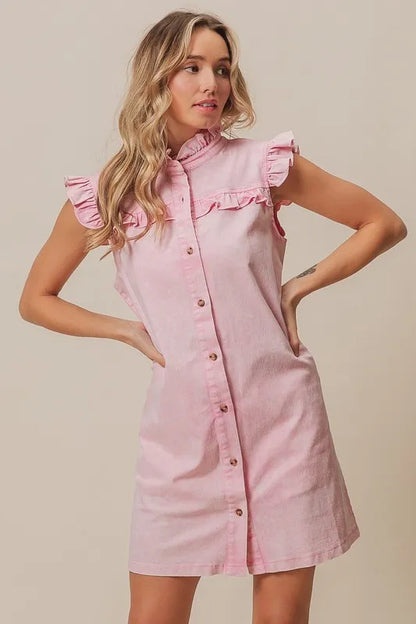 Washed Button Down Ruffled Cap Sleeve Denim Dress in Blush Pink - product view 1