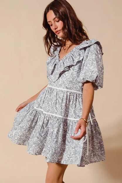 Cotton Printed Ruffle V Neckline Dress with Side Tie in Off White/Navy - product view 5