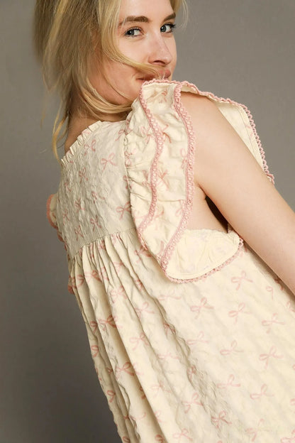 Bow Print Ruffled Cap Sleeve Mini Dress - Pink / Cream - product view 5
