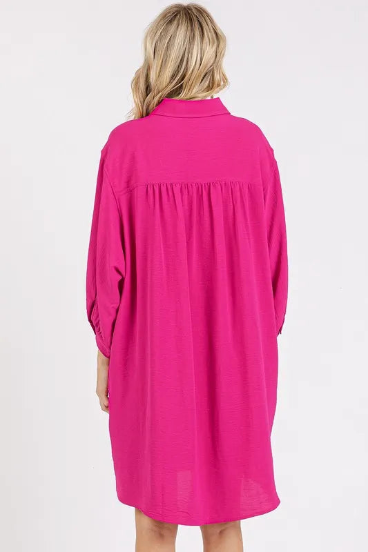 Airflow 3/4 Sleeve Buttoned Shirt Mini Dress in Hot Pink - product view 2
