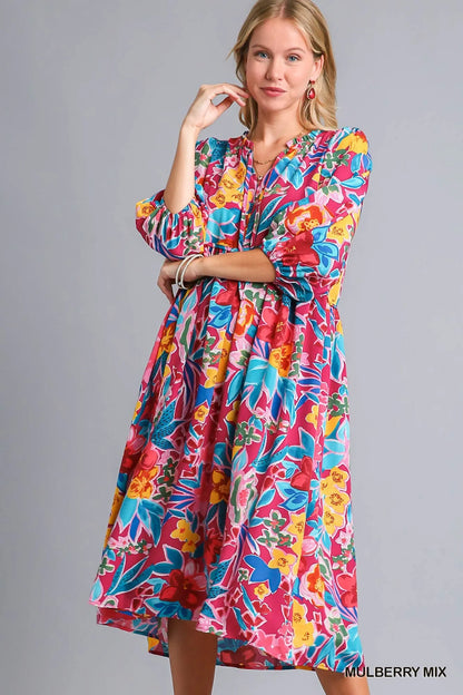 Full Size Floral Print Tie Neck Midi Dress with Pockets Plus Size in Mulberry Mix - product view 1