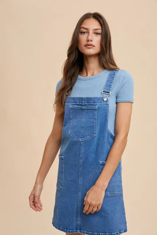 Wide Strap Denim Overall Dress with Pockets - Indigo Washed Denim - product view 1
