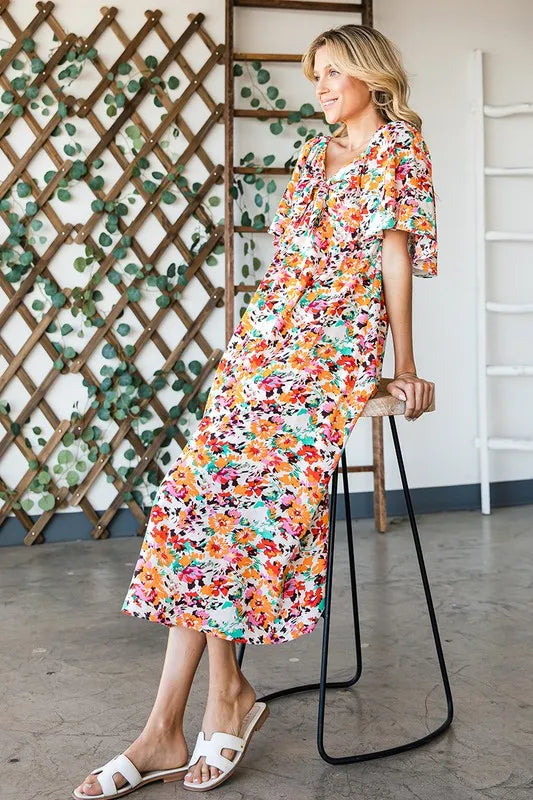 Floral Print Sweetheart Neck Tie Front Midi Dress in Orange Combo - product view 7