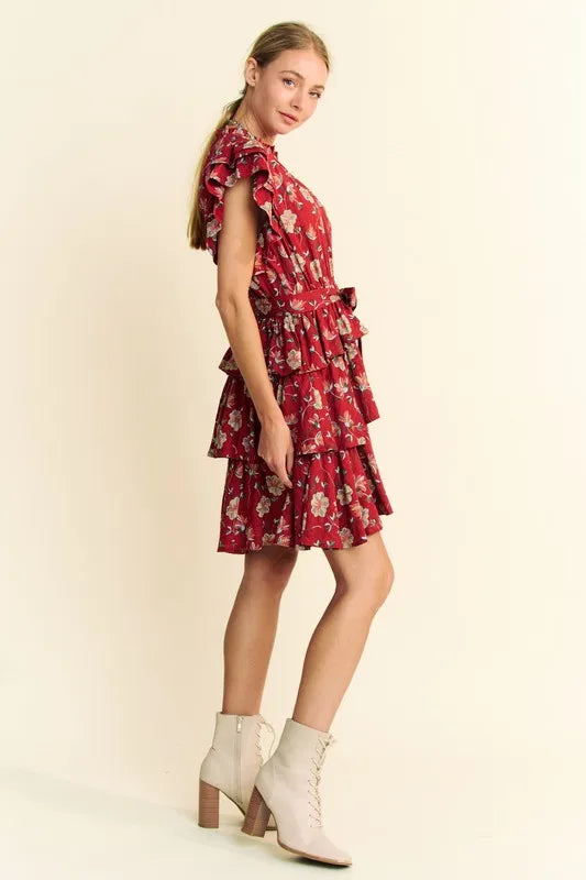 Ruffle Flutter Sleeve Tie Belt Tiered Mini Dress in Orange Rust - product view 8