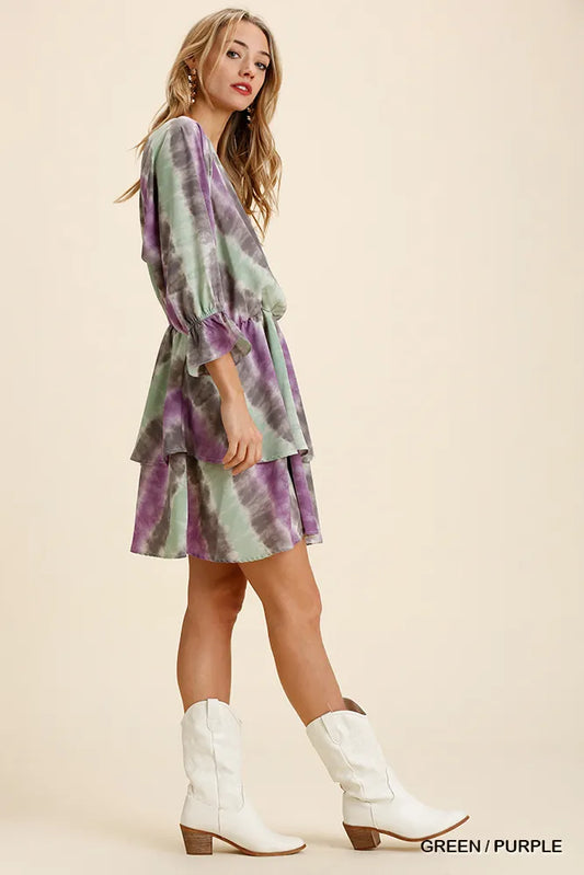 Tie Dye Ruffled Layered Dress with Elastic Waistband - Green / Purple - product view 2