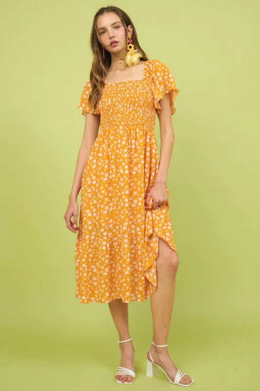 Flower Print Flutter Sleeve Smocked Midi Dress in Gold - product view 1