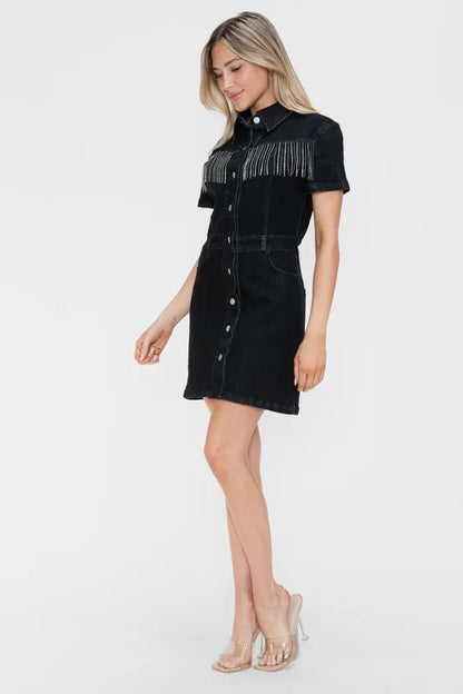 Full Size Embellished Button Down Short Sleeve Denim Dress in Black - product view 5
