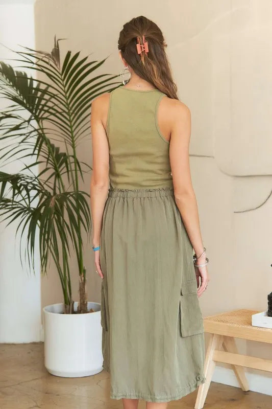 Drawstring Sleeveless Washed Dress - Lt Olive - product view 5