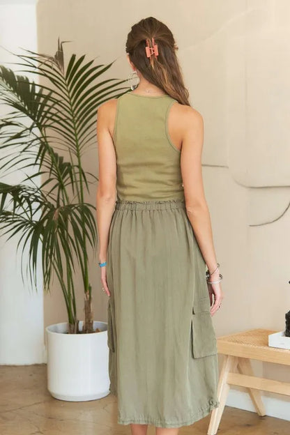 Drawstring Sleeveless Washed Dress - Lt Olive - product view 5