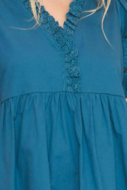Full Size Lace Detail Puff Sleeve Mini Dress Plus Size in Cerulean - product view 3